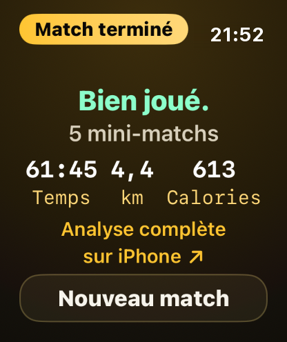 Étape 11: La montre affiche un court résumé, et l'analyse complète passe sur ton iPhone.