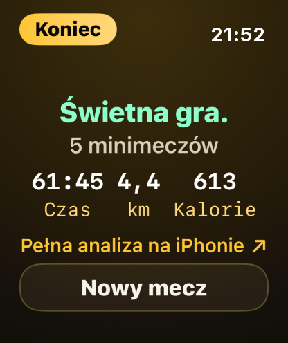 Krok 11: Zegarek pokazuje krótkie podsumowanie, a pełna analiza trafia na iPhone'a.