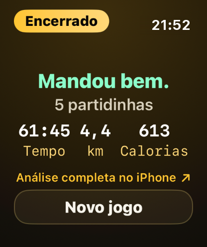 Passo 11: O relógio mostra um resumo curto, e a análise completa vai para o seu iPhone.